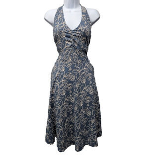 Pact Halter Dress Womens Medium Floral Blue Organic Cotton Midi Sustainable Bra